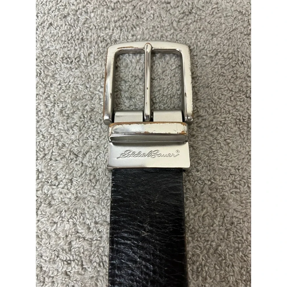 Eddie Bauer Mens Reversible Leather Belt Black Brown Silver Buckle 36 38